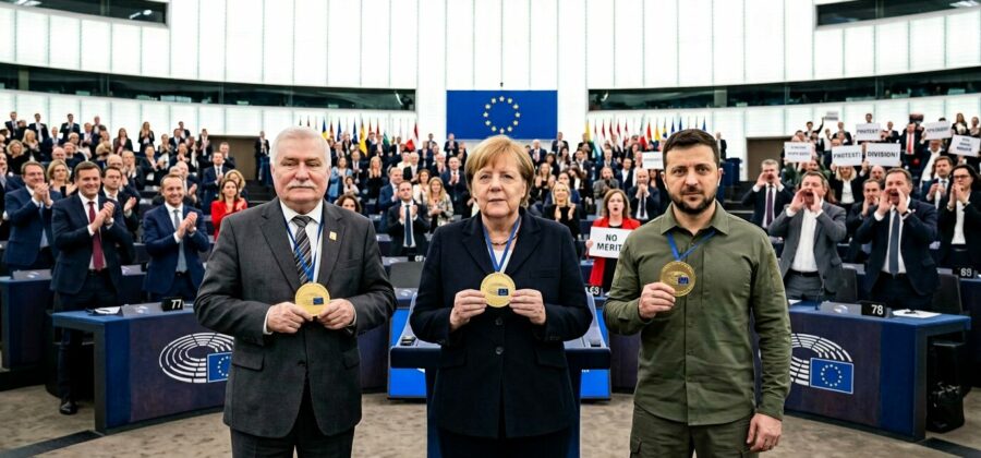 Zelenskyj, Merkelová i Bono získali nový evropský řád – ne bez pískotu